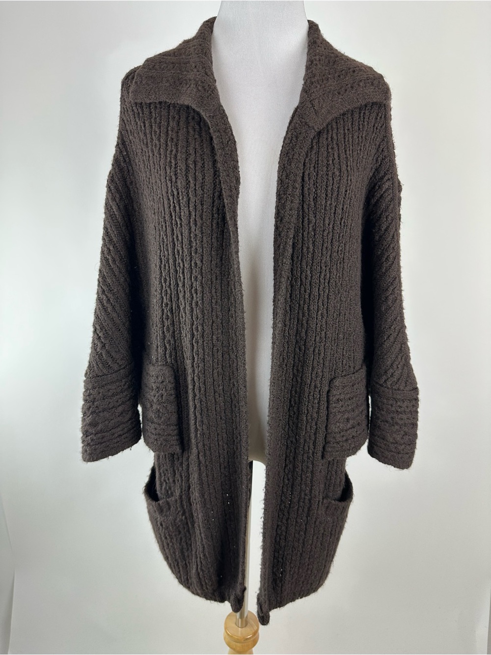 CAbi Repose Cape Cardigan Cable Dark Brown Relaxed Open Front Sweater XS/S